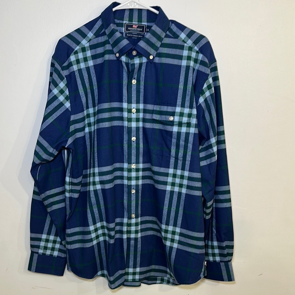 New Vineyard‎ Vines Slim Fit Crosby Flannel Button Down Blue Green Plaid Size XL